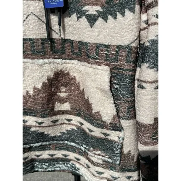 Southwestern Aztec Sherpa Hoodie Womens Small Cozy Fleece Pullover Western - Picture 5 of 10